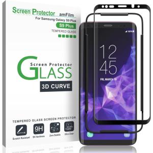 imageamFilm 2 Pack Glass Screen Protector for Samsung Galaxy S9 Plus 3D Curved Tempered Glass Dot Matrix with Easy Installation Tray Case Friendly Black