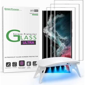 imageamFilm Glass Screen Protector for Samsung Galaxy S22 Ultra 3D Curved with Liquid Dispersion Tech Designed for Fingerprint Reader Upgraded Easier Application Tray Tempered Glass 3 Pack