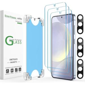 imageamFilm33 Pack AutoAlignment Magnetic OneTouch for Samsung Galaxy S24 Plus 67 Tempered Glass Screen Protector 3 Camera Lens Protector 30 Seconds Installation 9H Hardness Bubble Free Reusable