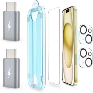 imageamFilm 2 Pack Lightning to USBC Adapter OneTouch 22 Pack for iPhone 15 61quot Screen Protector Tempered Glass with Camera Lens Protector