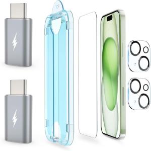 imageamFilm 2 Pack Lightning to USBC Adapter OneTouch 22 Pack for iPhone 15 Plus 67quot Screen Protector Tempered Glass with Camera Lens Protector