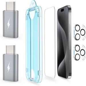 imageamFilm 2 Pack Lightning to USBC Adapter OneTouch 22 Pack for iPhone 15 Pro 61quot Screen Protector Tempered Glass with Camera Lens Protector