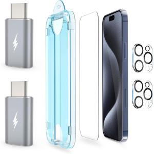 imageamFilm 2 Pack Lightning to USBC Adapter OneTouch 22 Pack for iPhone 15 Pro Max 67quot Screen Protector Tempered Glass with Camera Lens Protector